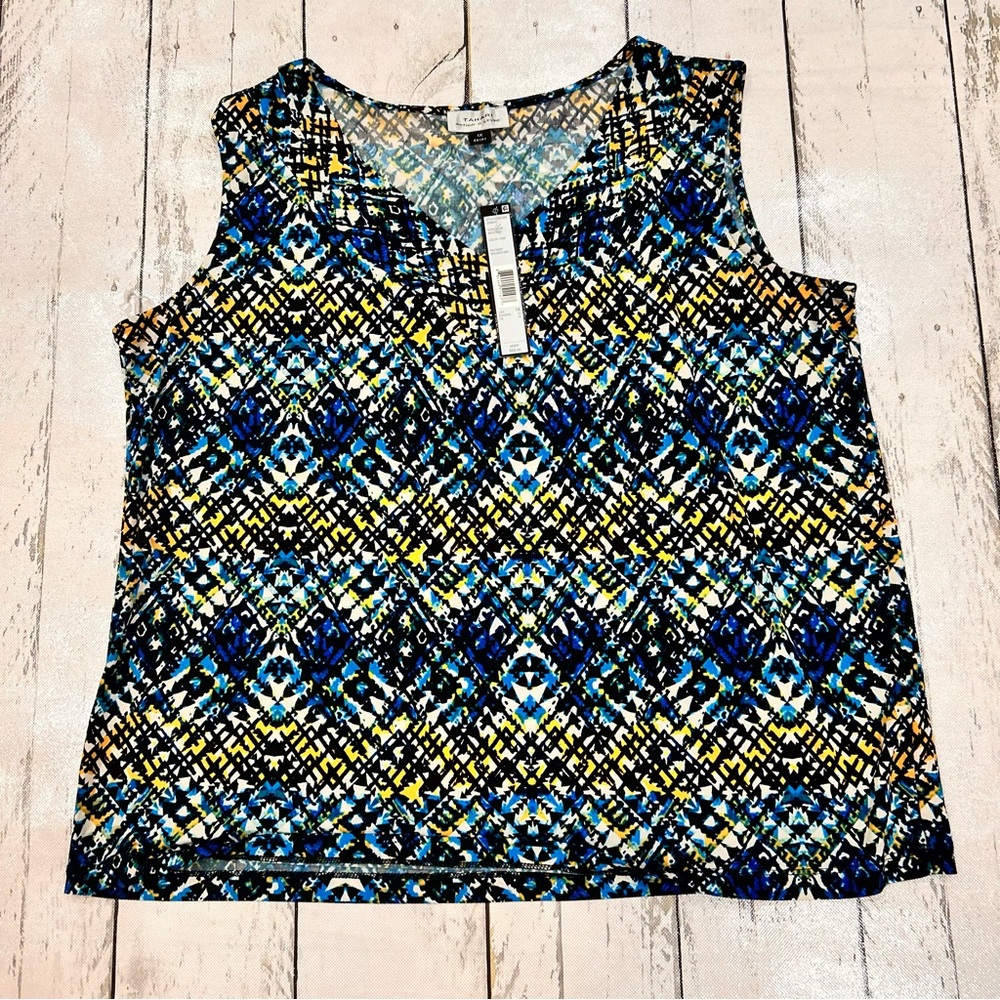 Tahari Sleeveless Geometric Print Women's Tank Top in Blue & Yellow Sz 1X
